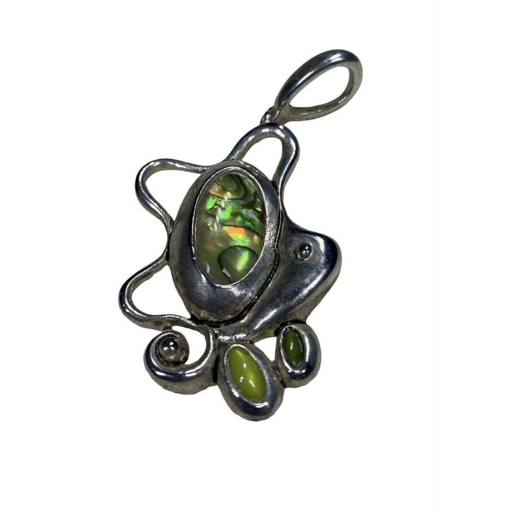 Silver Tone Abalone Shell Citrine Color Gemstone Handmade 2 3/4 Inch Pendant